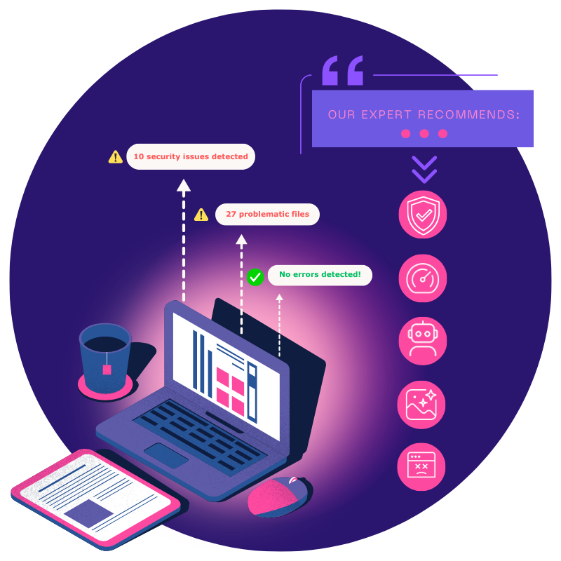 Ilumi SEO dashboard showing website health overview with summary cards for media, visibility, speed, and errors