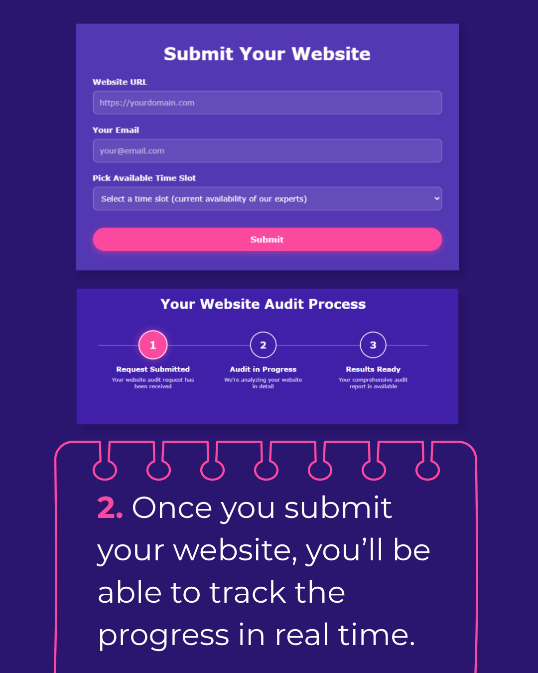 Step 2: Once you submit your website, you'll be able to track progress in real time