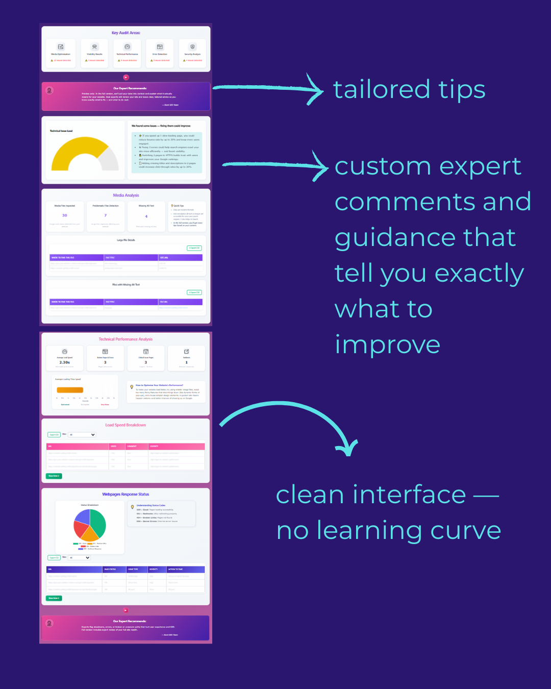 Slide 4: You receive tailored tips, custom SEO expert comments and guidance and report with clean interface