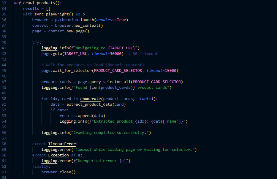 Example of python code containing web crawling logic using playwright